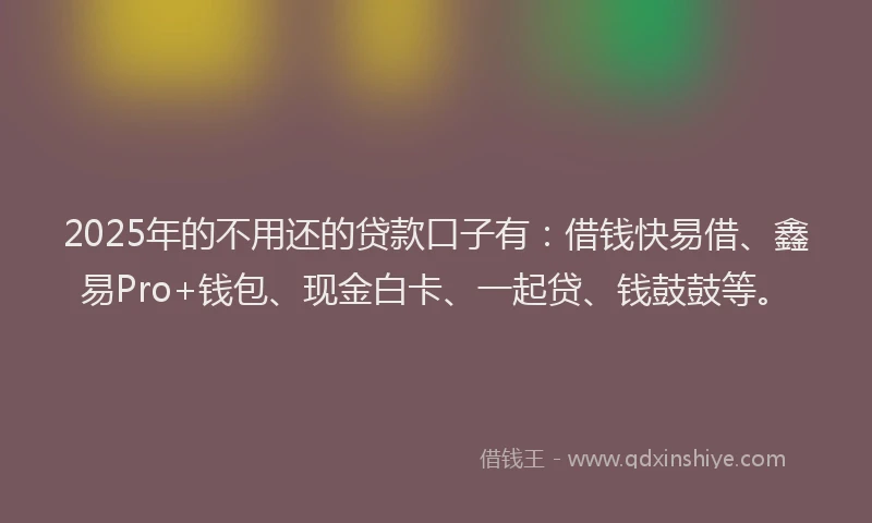 2025年的不用还的贷款口子有：借钱快易借、鑫易Pro+钱包、现金白卡、一起贷、钱鼓鼓等。