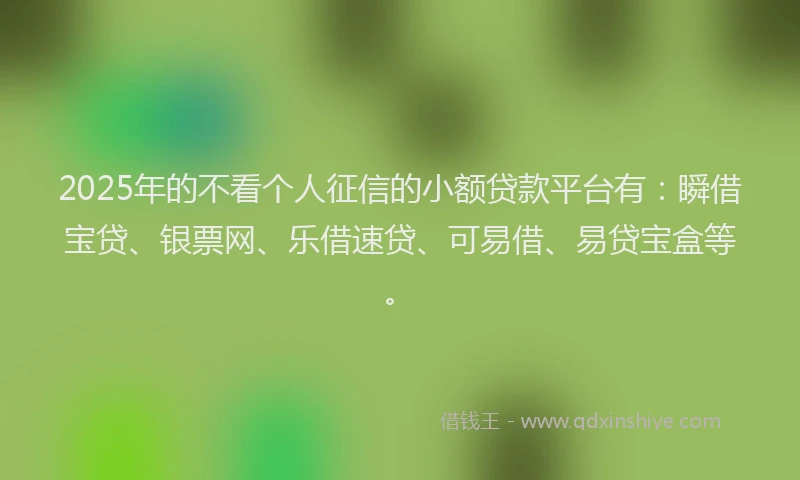 2025年的不看个人征信的小额贷款平台有：瞬借宝贷、银票网、乐借速贷、可易借、易贷宝盒等。