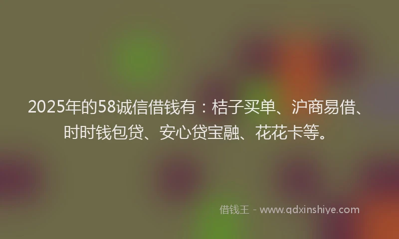 2025年的58诚信借钱有：桔子买单、沪商易借、时时钱包贷、安心贷宝融、花花卡等。