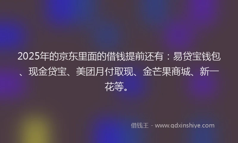 2025年的京东里面的借钱提前还有：易贷宝钱包、现金贷宝、美团月付取现、金芒果商城、新一花等。