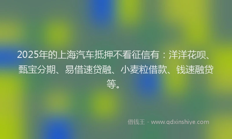 2025年的上海汽车抵押不看征信有：洋洋花呗、甄宝分期、易借速贷融、小麦粒借款、钱速融贷等。
