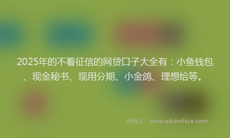 2025年的不看征信的网贷口子大全有：小鱼钱包、现金秘书、现用分期、小金鸽、理想给等。