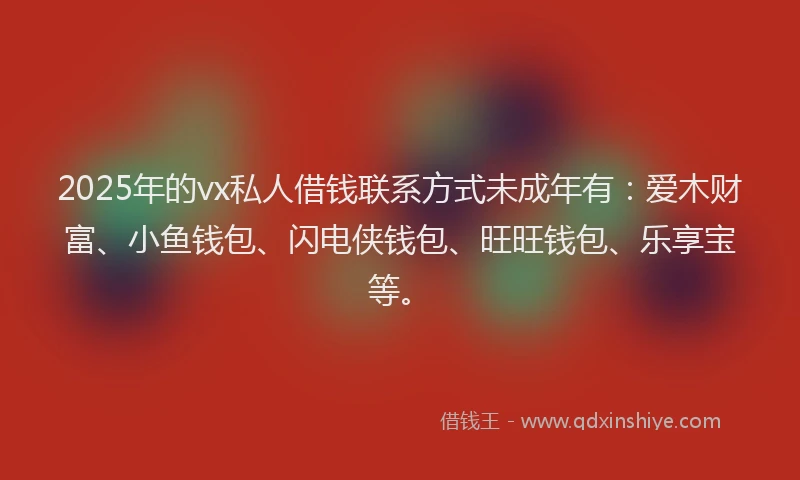 2025年的vx私人借钱联系方式未成年有：爱木财富、小鱼钱包、闪电侠钱包、旺旺钱包、乐享宝等。