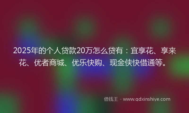 2025年的个人贷款20万怎么贷有：宜享花、享来花、优者商城、优乐快购、现金侠快借通等。