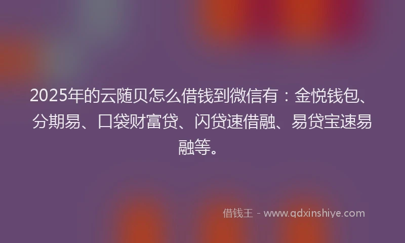 2025年的云随贝怎么借钱到微信有：金悦钱包、分期易、口袋财富贷、闪贷速借融、易贷宝速易融等。