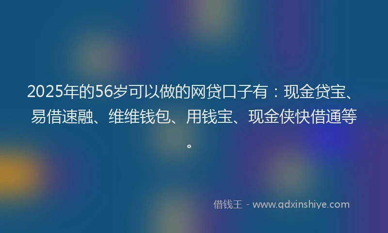 2025年的56岁可以做的网贷口子有：现金贷宝、易借速融、维维钱包、用钱宝、现金侠快借通等。
