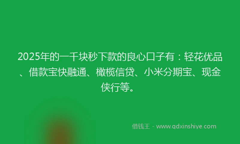 2025年的一千块秒下款的良心口子有：轻花优品、借款宝快融通、橄榄信贷、小米分期宝、现金侠行等。