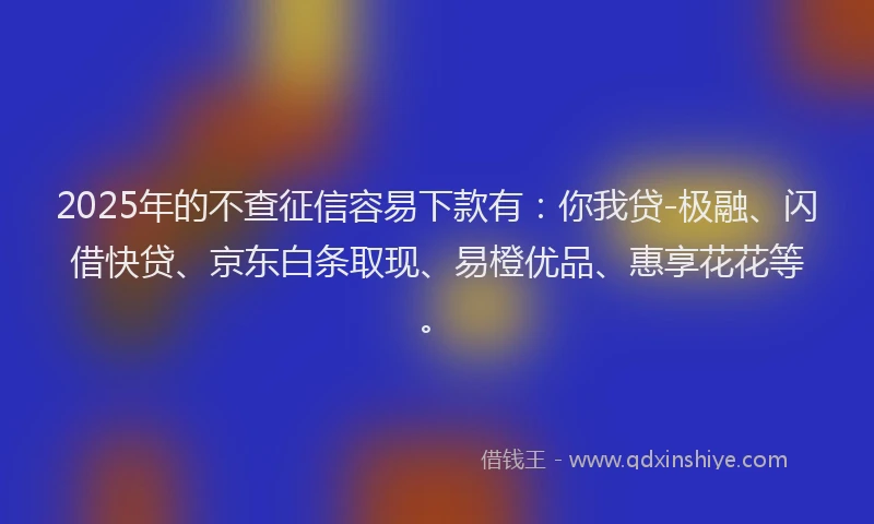 2025年的不查征信容易下款有：你我贷-极融、闪借快贷、京东白条取现、易橙优品、惠享花花等。