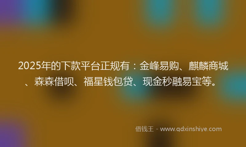 2025年的下款平台正规有：金峰易购、麒麟商城、森森借呗、福星钱包贷、现金秒融易宝等。