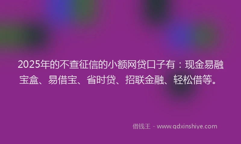 2025年的不查征信的小额网贷口子有：现金易融宝盒、易借宝、省时贷、招联金融、轻松借等。