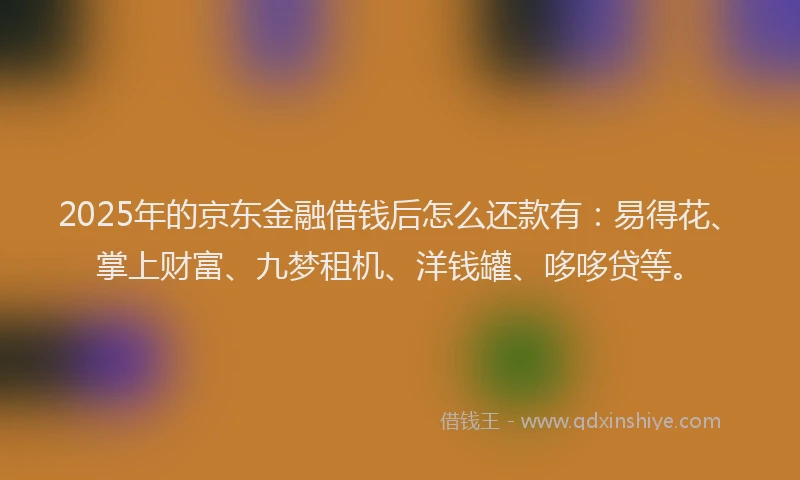 2025年的京东金融借钱后怎么还款有：易得花、掌上财富、九梦租机、洋钱罐、哆哆贷等。