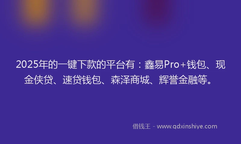 2025年的一键下款的平台有：鑫易Pro+钱包、现金侠贷、速贷钱包、森泽商城、辉誉金融等。