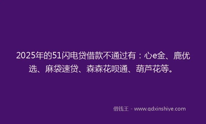2025年的51闪电贷借款不通过有：心e金、鹿优选、麻袋速贷、森森花呗通、葫芦花等。