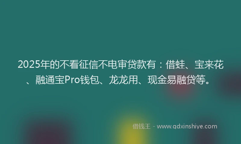2025年的不看征信不电审贷款有：借蛙、宝来花、融通宝Pro钱包、龙龙用、现金易融贷等。