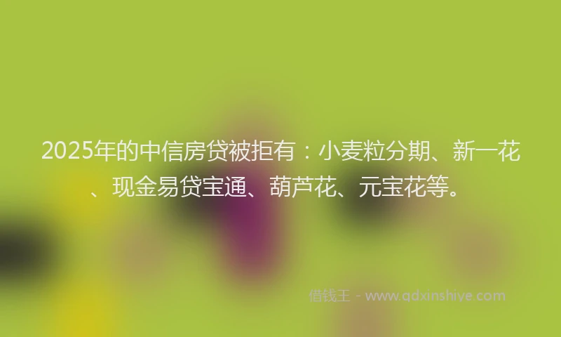 2025年的中信房贷被拒有：小麦粒分期、新一花、现金易贷宝通、葫芦花、元宝花等。