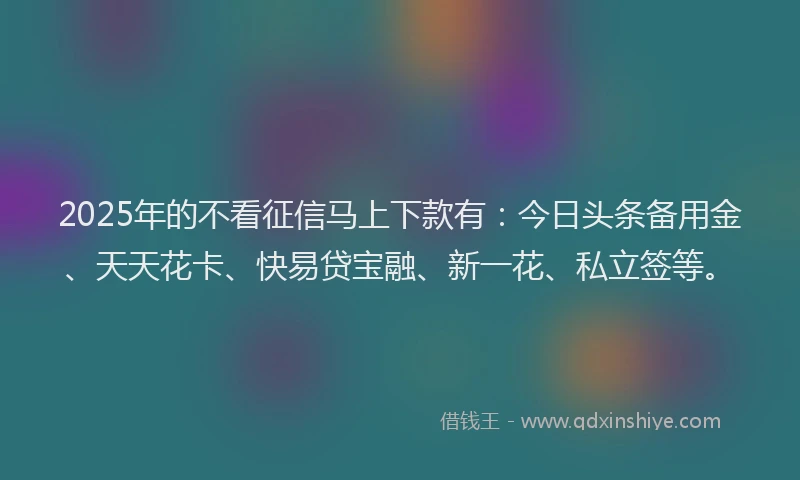 2025年的不看征信马上下款有：今日头条备用金、天天花卡、快易贷宝融、新一花、私立签等。