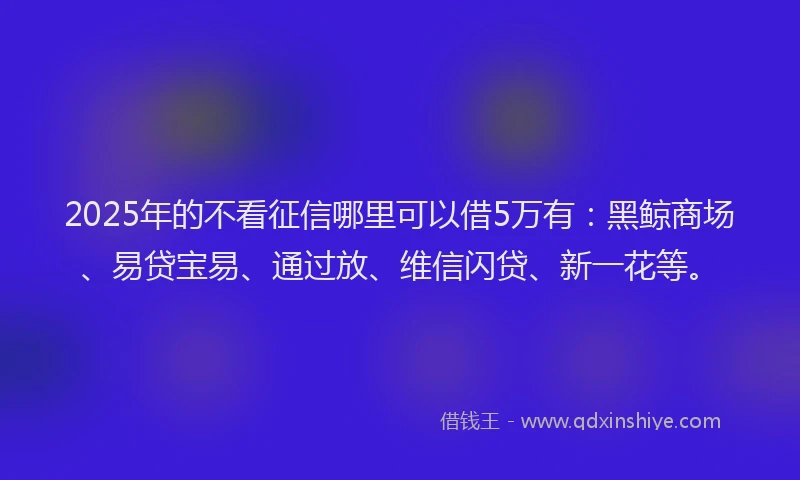 2025年的不看征信哪里可以借5万有：黑鲸商场、易贷宝易、通过放、维信闪贷、新一花等。
