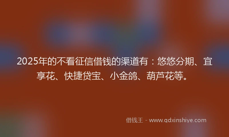 2025年的不看征信借钱的渠道有：悠悠分期、宜享花、快捷贷宝、小金鸽、葫芦花等。