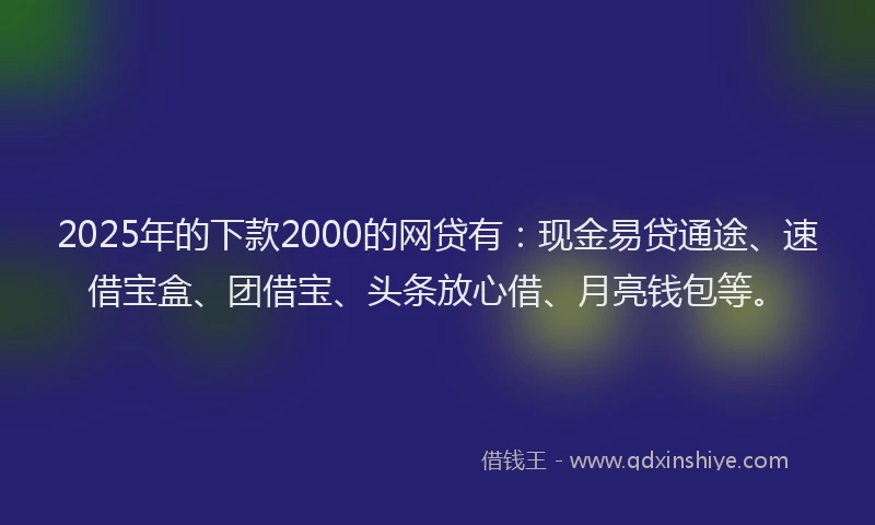 2025年的下款2000的网贷有：现金易贷通途、速借宝盒、团借宝、头条放心借、月亮钱包等。
