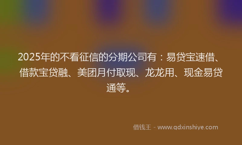 2025年的不看征信的分期公司有：易贷宝速借、借款宝贷融、美团月付取现、龙龙用、现金易贷通等。