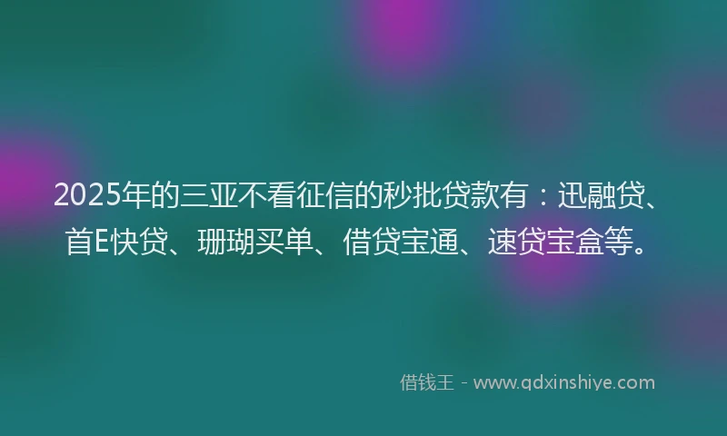 2025年的三亚不看征信的秒批贷款有：迅融贷、首E快贷、珊瑚买单、借贷宝通、速贷宝盒等。