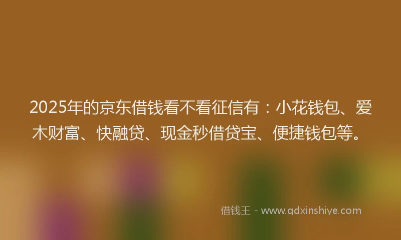 2025年的京东借钱看不看征信有：小花钱包、爱木财富、快融贷、现金秒借贷宝、便捷钱包等。