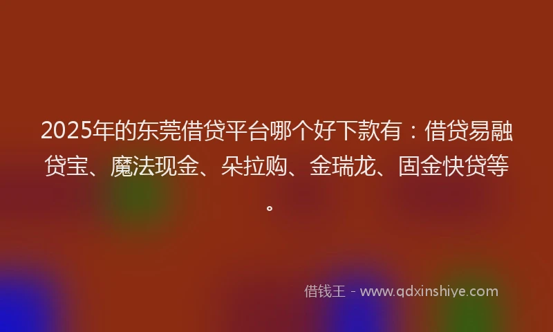 2025年的东莞借贷平台哪个好下款有：借贷易融贷宝、魔法现金、朵拉购、金瑞龙、固金快贷等。