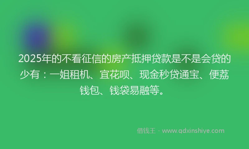 2025年的不看征信的房产抵押贷款是不是会贷的少有：一姐租机、宜花呗、现金秒贷通宝、便荔钱包、钱袋易融等。