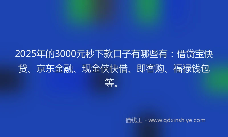 2025年的3000元秒下款口子有哪些有：借贷宝快贷、京东金融、现金侠快借、即客购、福禄钱包等。