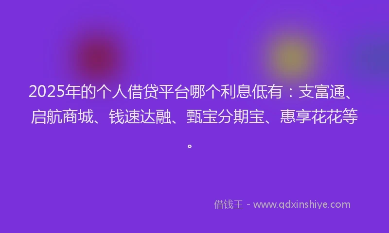 2025年的个人借贷平台哪个利息低有：支富通、启航商城、钱速达融、甄宝分期宝、惠享花花等。