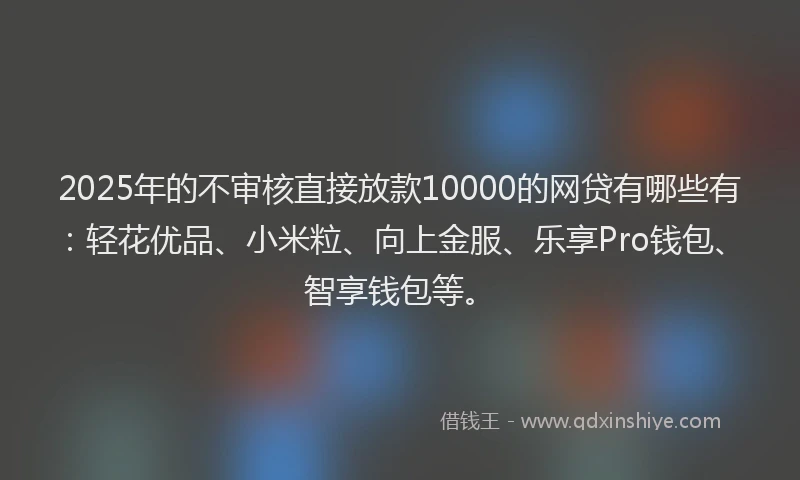 2025年的不审核直接放款10000的网贷有哪些有：轻花优品、小米粒、向上金服、乐享Pro钱包、智享钱包等。