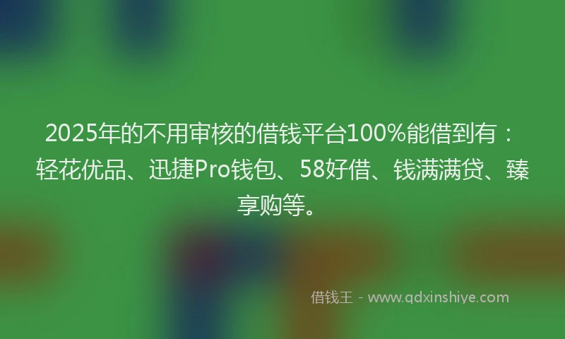 2025年的不用审核的借钱平台100%能借到有：轻花优品、迅捷Pro钱包、58好借、钱满满贷、臻享购等。