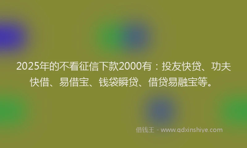 2025年的不看征信下款2000有：投友快贷、功夫快借、易借宝、钱袋瞬贷、借贷易融宝等。