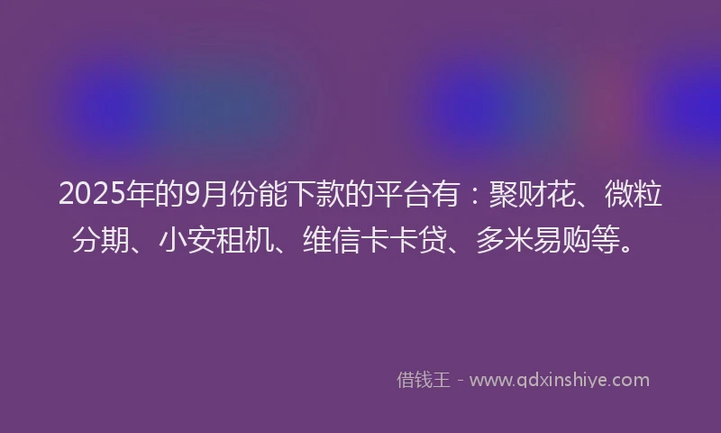 2025年的9月份能下款的平台有：聚财花、微粒分期、小安租机、维信卡卡贷、多米易购等。
