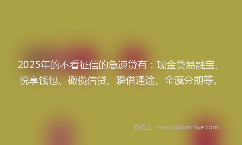 2025年的不看征信的急速贷有：现金贷易融宝、悦享钱包、橄榄信贷、瞬借通途、金瀛分期等。