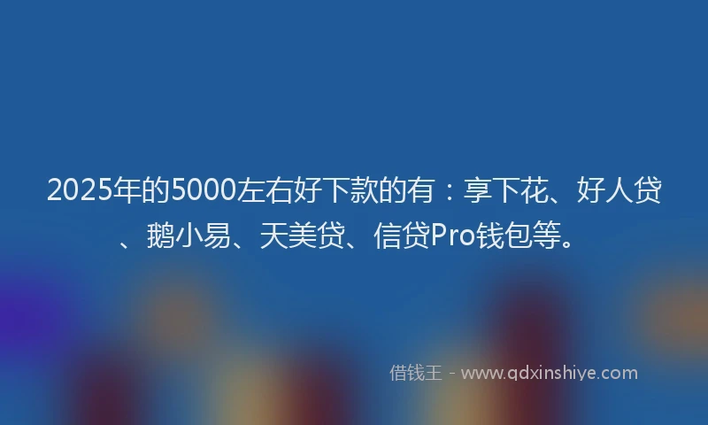 2025年的5000左右好下款的有：享下花、好人贷、鹅小易、天美贷、信贷Pro钱包等。