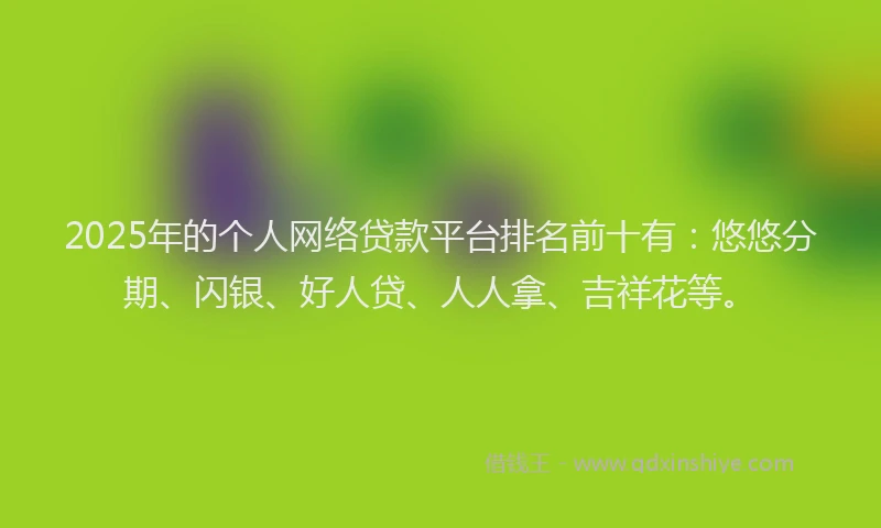 2025年的个人网络贷款平台排名前十有：悠悠分期、闪银、好人贷、人人拿、吉祥花等。