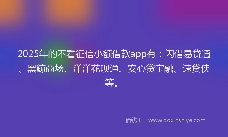 2025年的不看征信小额借款app有：闪借易贷通、黑鲸商场、洋洋花呗通、安心贷宝融、速贷侠等。