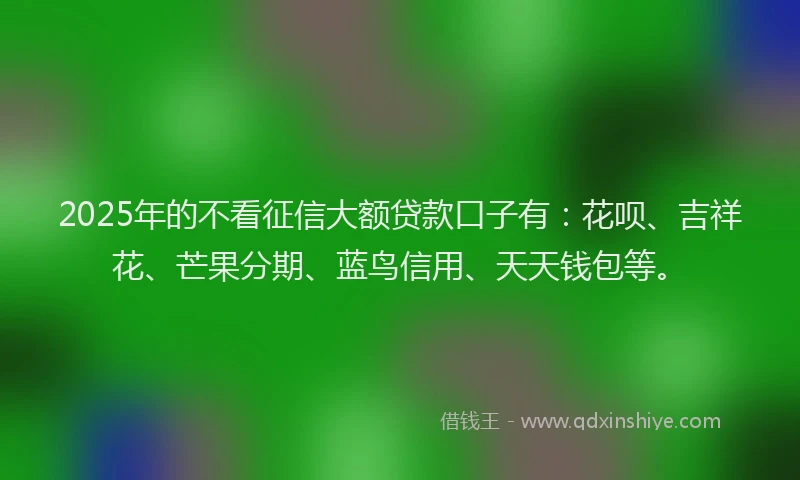 2025年的不看征信大额贷款口子有：花呗、吉祥花、芒果分期、蓝鸟信用、天天钱包等。