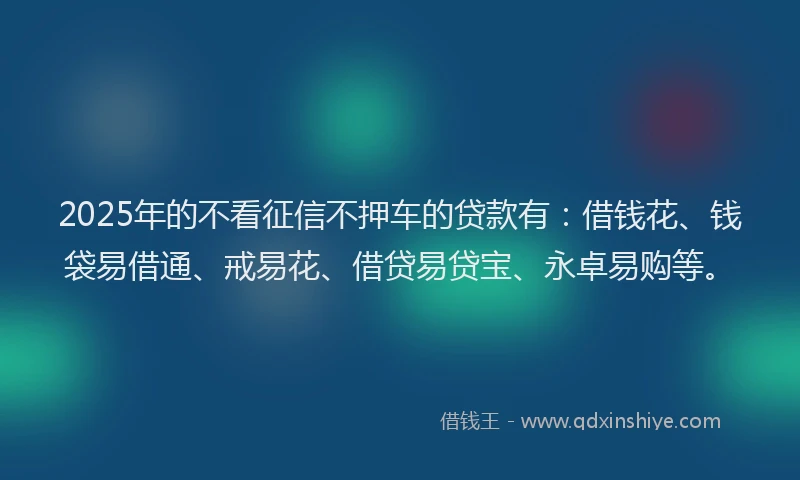 2025年的不看征信不押车的贷款有：借钱花、钱袋易借通、戒易花、借贷易贷宝、永卓易购等。