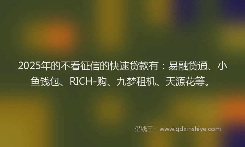 2025年的不看征信的快速贷款有：易融贷通、小鱼钱包、RICH-购、九梦租机、天源花等。