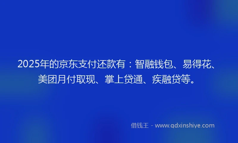 2025年的京东支付还款有：智融钱包、易得花、美团月付取现、掌上贷通、疾融贷等。