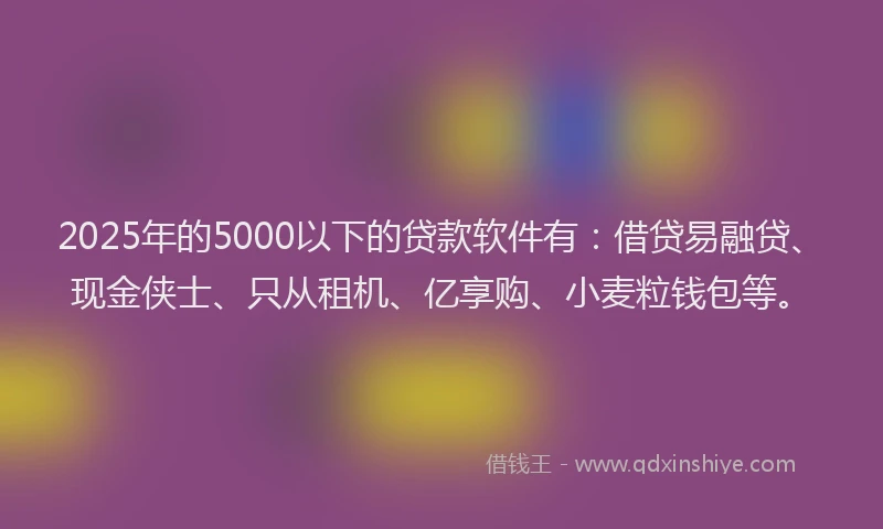 2025年的5000以下的贷款软件有：借贷易融贷、现金侠士、只从租机、亿享购、小麦粒钱包等。