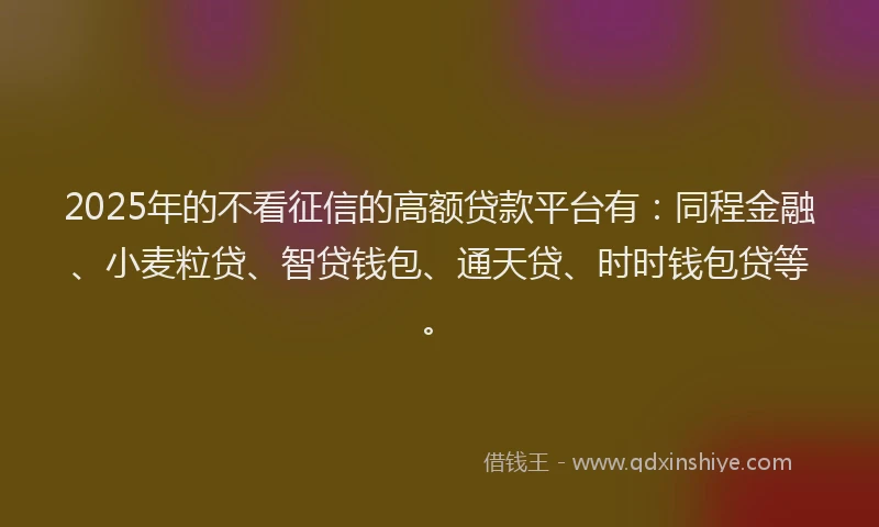 2025年的不看征信的高额贷款平台有：同程金融、小麦粒贷、智贷钱包、通天贷、时时钱包贷等。