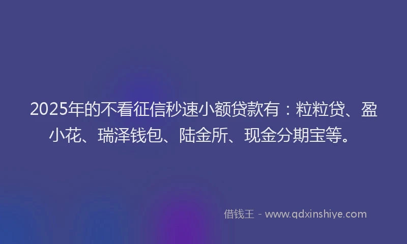 2025年的不看征信秒速小额贷款有：粒粒贷、盈小花、瑞泽钱包、陆金所、现金分期宝等。