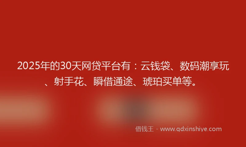 2025年的30天网贷平台有：云钱袋、数码潮享玩、射手花、瞬借通途、琥珀买单等。