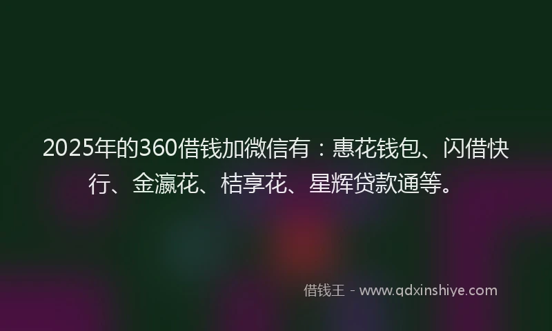 2025年的360借钱加微信有：惠花钱包、闪借快行、金瀛花、桔享花、星辉贷款通等。