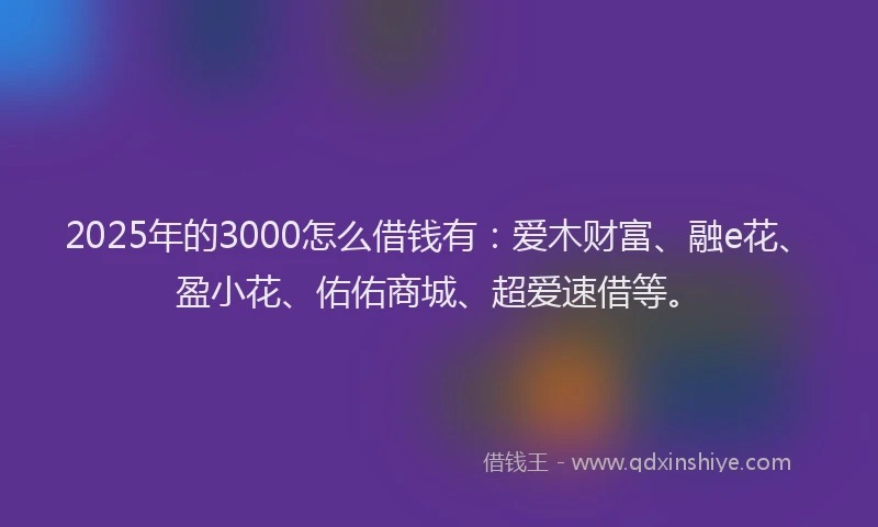 2025年的3000怎么借钱有：爱木财富、融e花、盈小花、佑佑商城、超爱速借等。