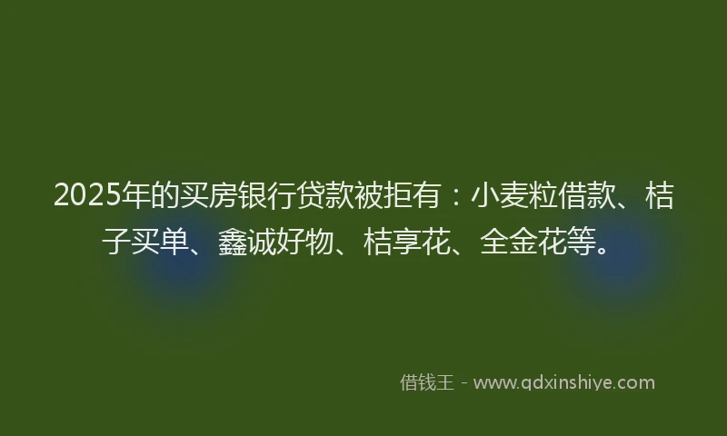 2025年的买房银行贷款被拒有：小麦粒借款、桔子买单、鑫诚好物、桔享花、全金花等。
