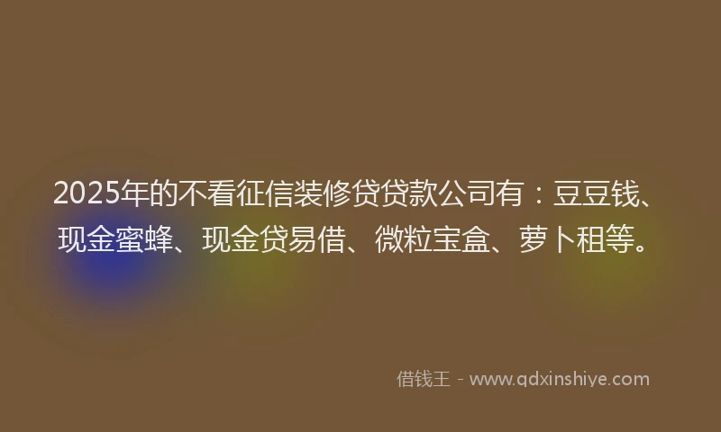 2025年的不看征信装修贷贷款公司有：豆豆钱、现金蜜蜂、现金贷易借、微粒宝盒、萝卜租等。